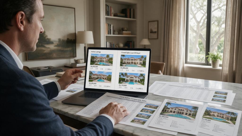 Comprador analizando propiedades para invertir en Coral Gables.